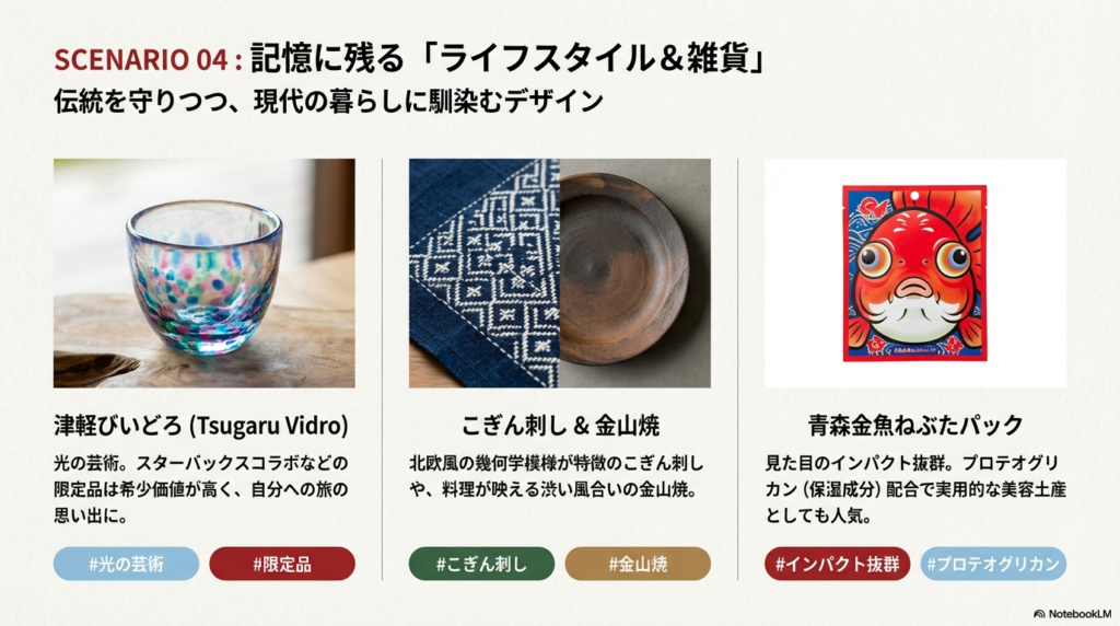 津軽びいどろ、こぎん刺し、金山焼、金魚ねぶたパックなど、モダンな伝統工芸品の紹介 。