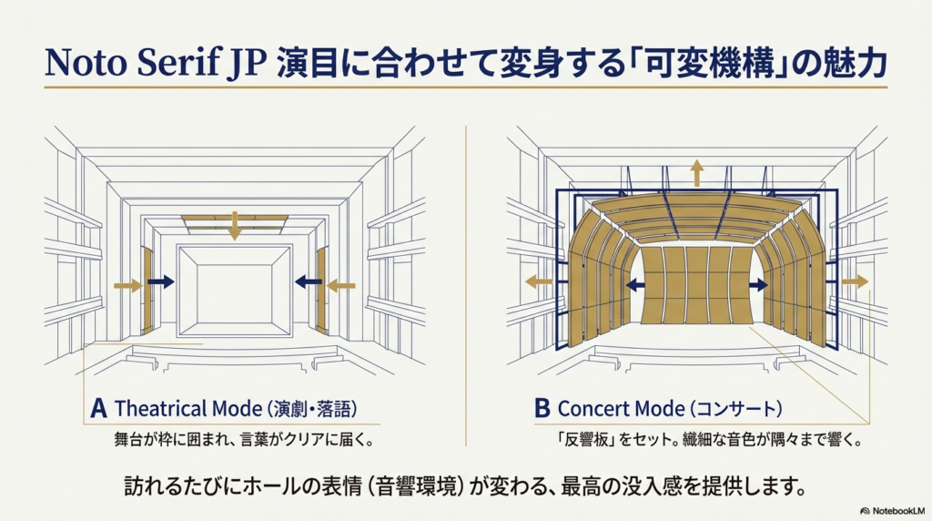 演劇・落語用の「シアトリカルモード」と、反響板を使用した「コンサートモード」の舞台構造の違いを示すイラスト。