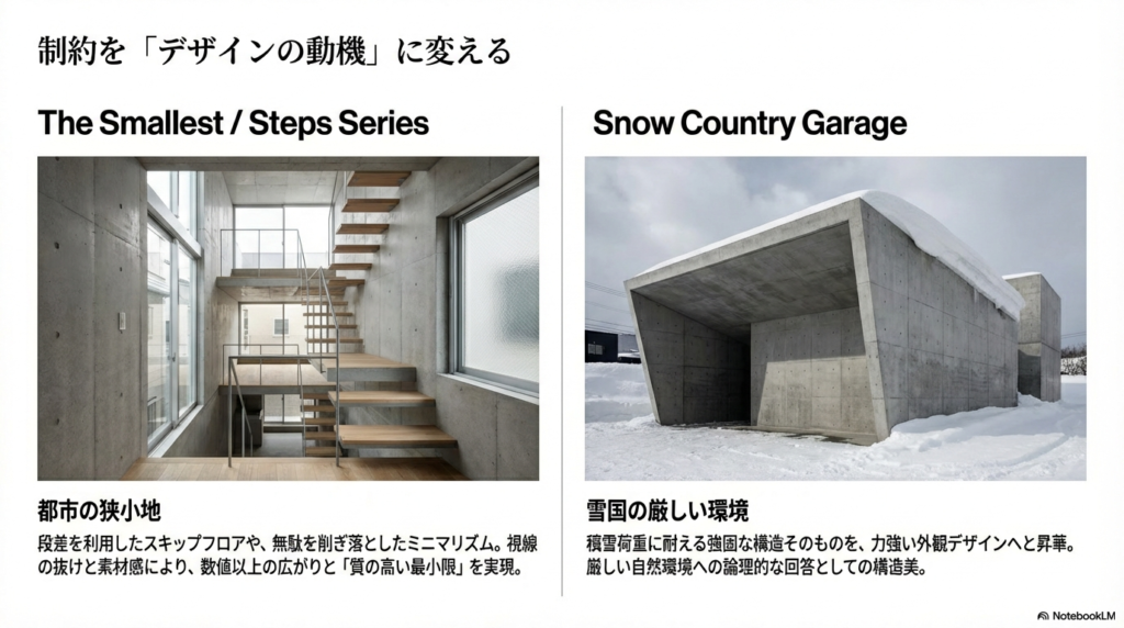 都市の狭小地を活用したスキップフロアの室内写真と、積雪荷重に耐える強固な構造美を持つ雪国のガレージの外観写真。