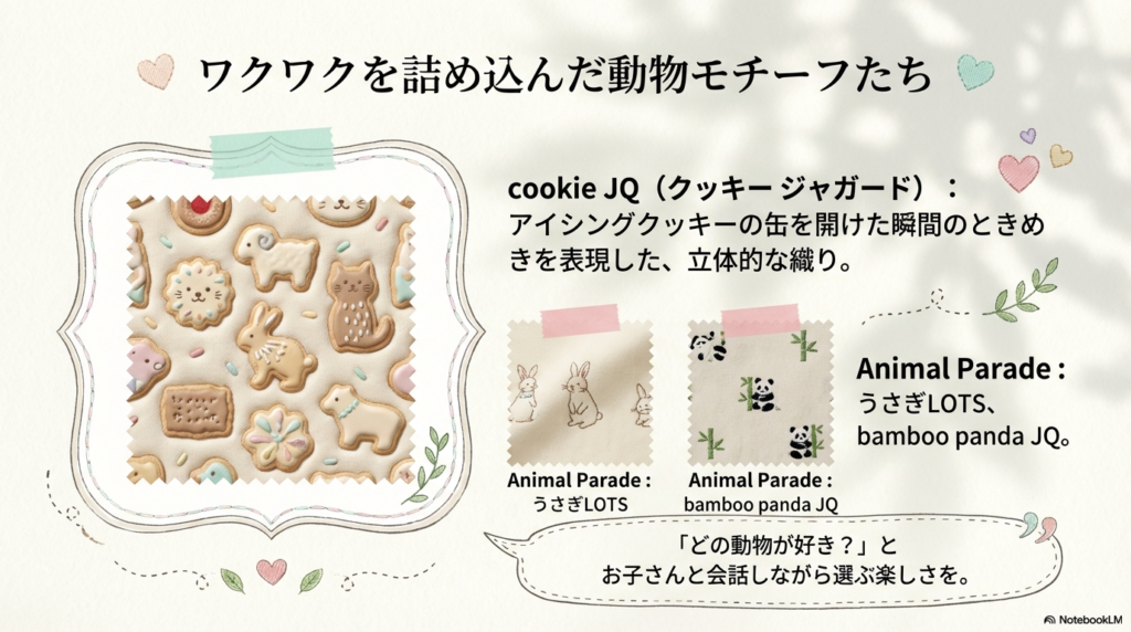 cookie JQ（クッキー ジャガード）やうさぎLOTS、パンダなど、新作の動物モチーフが紹介されているスライド。