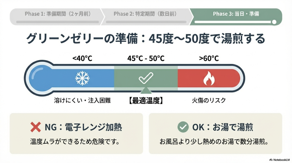 ゼリーの湯煎温度について、45°C〜50°Cが最適であり、40°C以下は注入困難、60°C以上は火傷のリスクがあることを示す温度計のイラスト。電子レンジ加熱はNG。