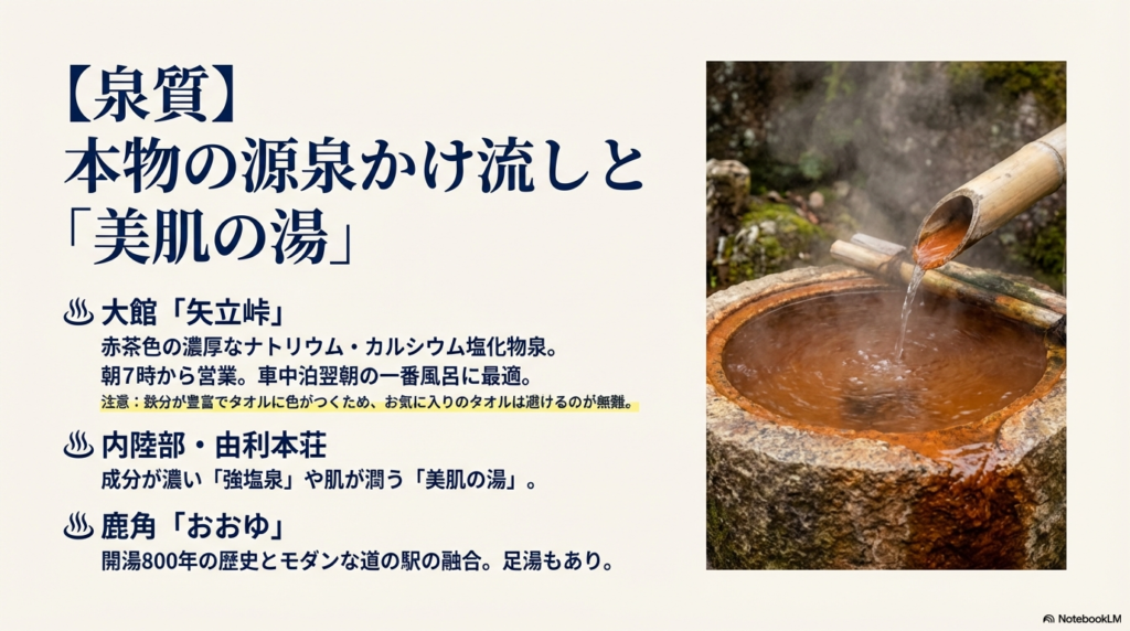 大館「矢立峠」の赤茶色の濃厚な泉質や、鹿角「おおゆ」の美肌の湯、タオルへの着色注意などが記載された泉質解説スライド。