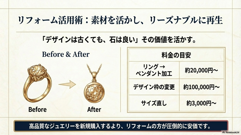古い立て爪のリングをモダンなペンダントへリフォームする例。リングからペンダントへの加工は約2万円から、枠の変更は約10万円から、サイズ直しは約3千円からという料金目安表。