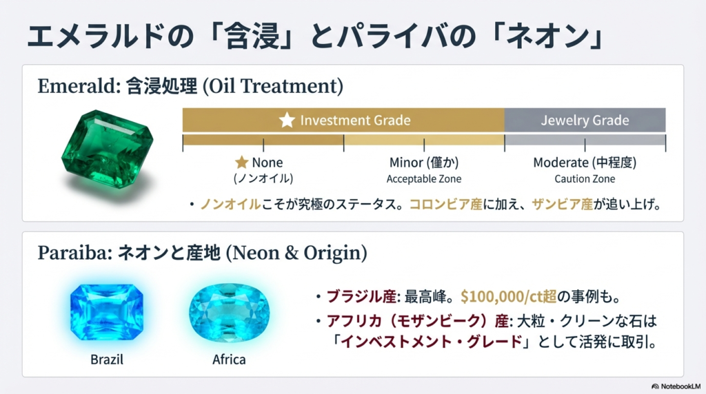 エメラルドのオイル処理（None/Minor/Moderate）の許容範囲と、ブラジル産・アフリカ産パライバの評価基準を示すスライド。