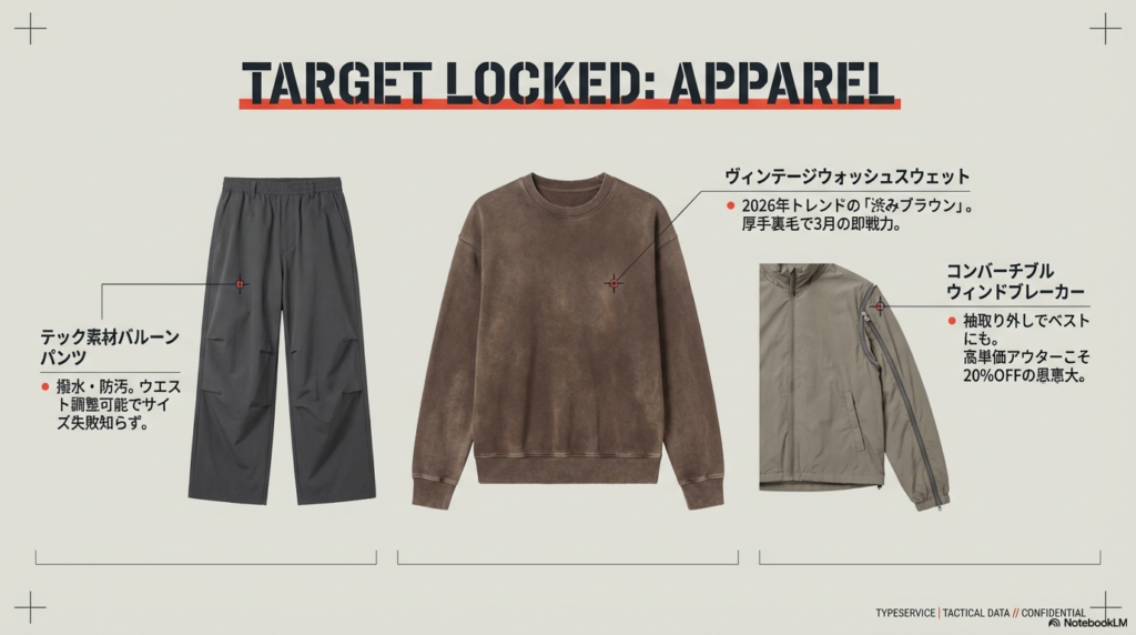 テック素材バルーンパンツ、ヴィンテージウォッシュスウェット（渋みブラウン）、コンバーチブルウィンドブレーカーの3点を紹介する画像。