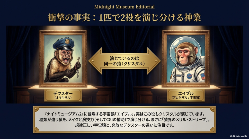 オマキザルのデクスターと、宇宙服を着たアカゲザルのエイブルの比較画像。どちらも同じクリスタルが演じているという衝撃の事実を解説。