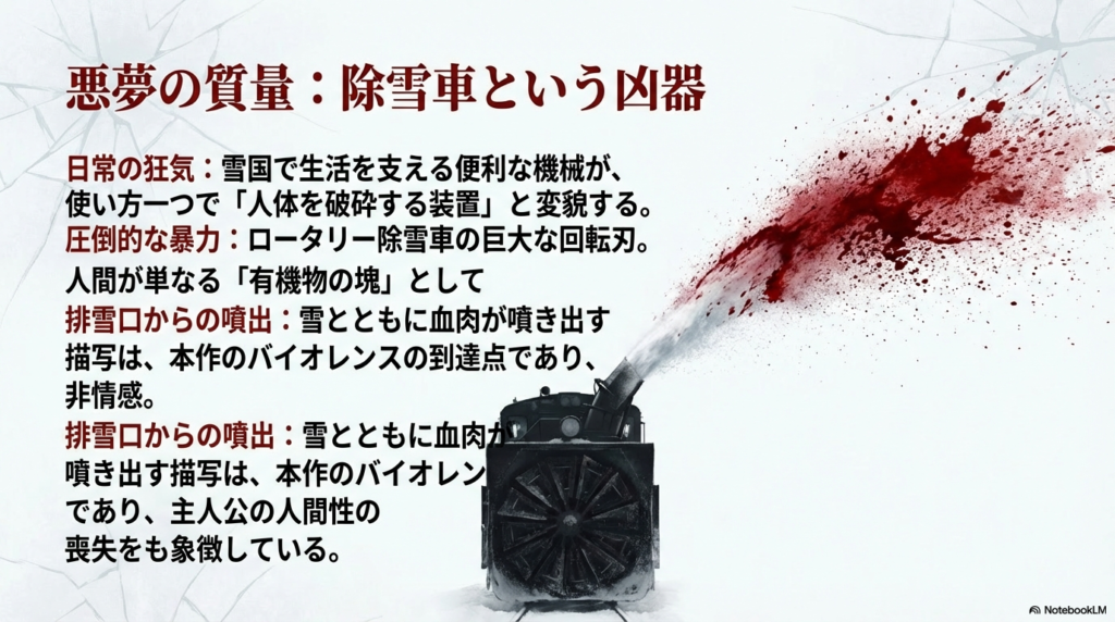 ロータリー除雪車のイメージ。雪とともに血肉が噴き出す描写と人間性の喪失を象徴。