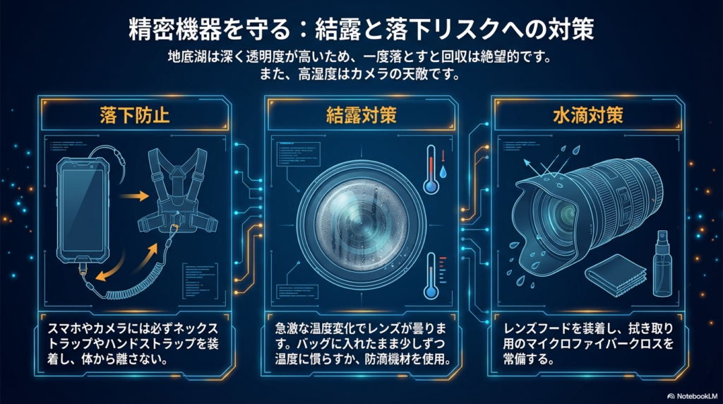 落下防止ストラップの装着、温度変化による結露対策、水滴を拭くためのクロス常備などを説明した精密機器用ガイド。