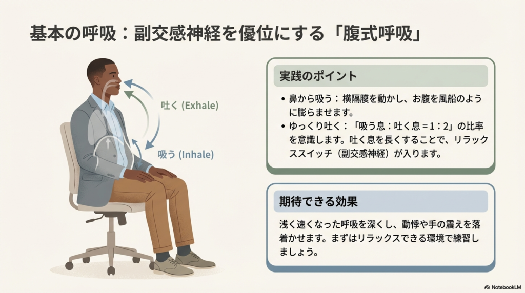 椅子に座って鼻から吸い、口からゆっくり吐く腹式呼吸のイラスト。「吸う：吐く＝1：2」の比率を推奨する解説スライド。