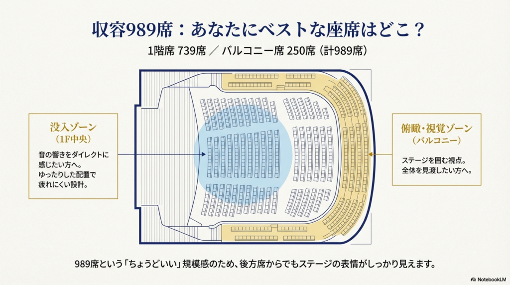 989席のホール座席表。1階中央の「没入ゾーン」とバルコニー席の「俯瞰・視覚ゾーン」それぞれの見え方の特徴を解説。