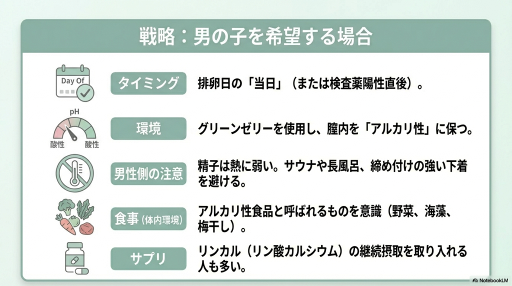 排卵日当日、グリーンゼリーでのアルカリ性環境維持、男性側の熱対策、リンカル摂取など、男の子を希望する際のポイントをまとめた戦略図。