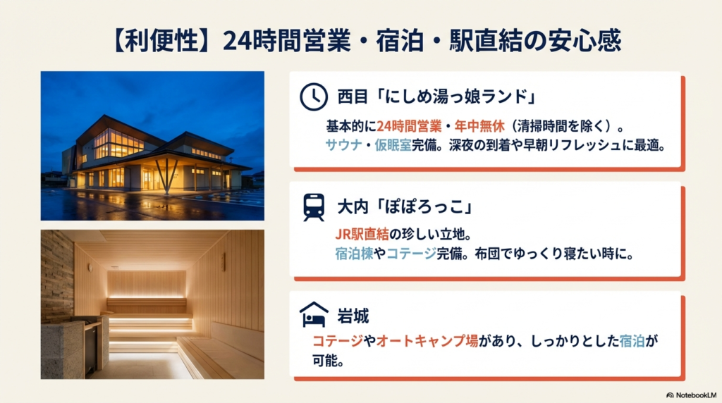 24時間営業の西目「にしめ湯っ娘ランド」、駅直結の大内「ぽぽろっこ」、宿泊設備のある岩城などの特徴をまとめたスライド。