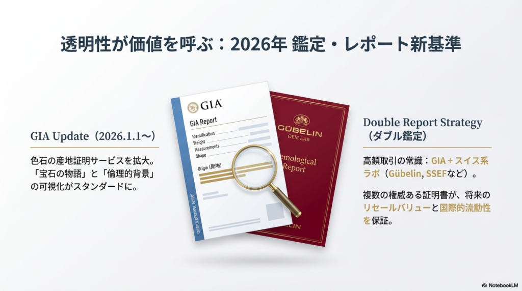 GIAの産地証明サービス拡大と、スイス系ラボを組み合わせた「ダブル鑑定」の重要性を説く証明書の比較画像。
