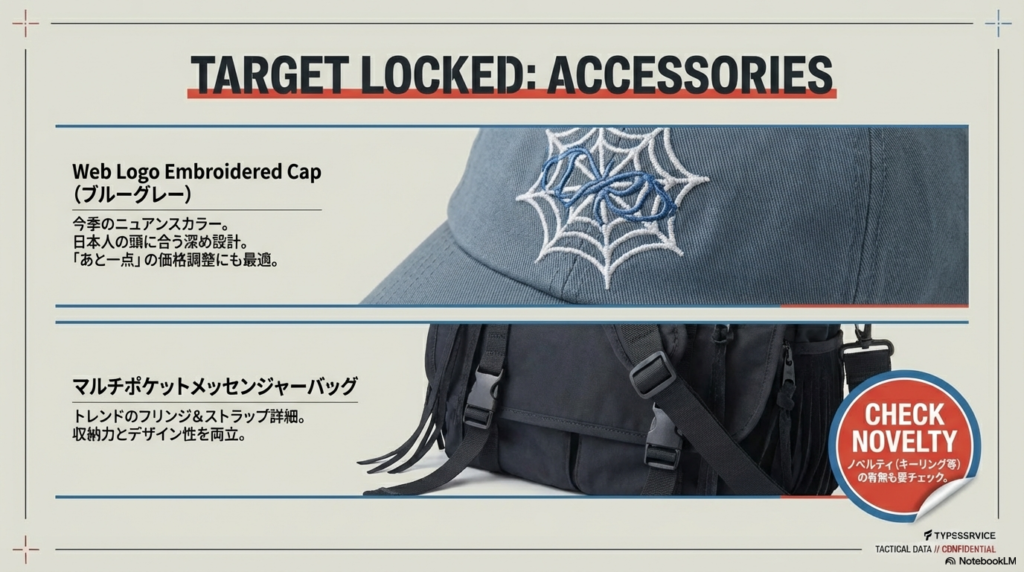 ブルーグレーのロゴ刺繍キャップとマルチポケットメッセンジャーバッグ、およびキーリング等のノベルティ有無チェックを促す画像。