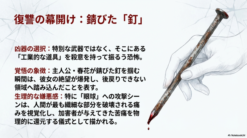 錆びた釘のイラスト。特別な武器ではなく、身近な工業用品が殺意を持って振るわれる恐怖を解説。