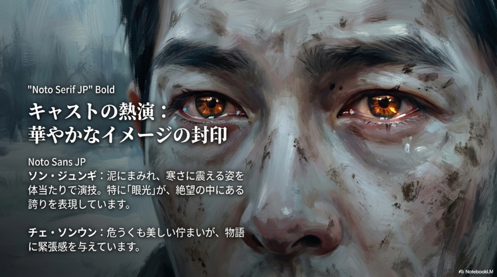 主演二人の演技へのアプローチを紹介。ソン・ジュンギの絶望の中の誇りと、チェ・ソンウンの危うい美しさを強調。