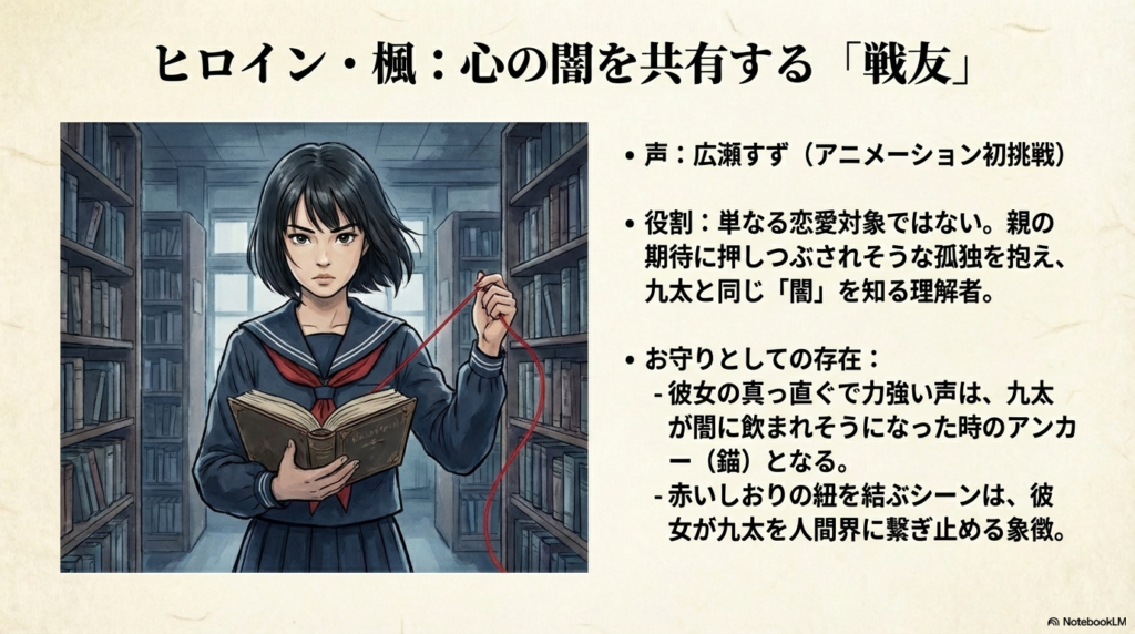 図書館で赤いしおりの紐を持つ制服姿の楓のイラスト。広瀬すずの声が九太の「アンカー（錨）」としての役割を果たすことが解説されている。