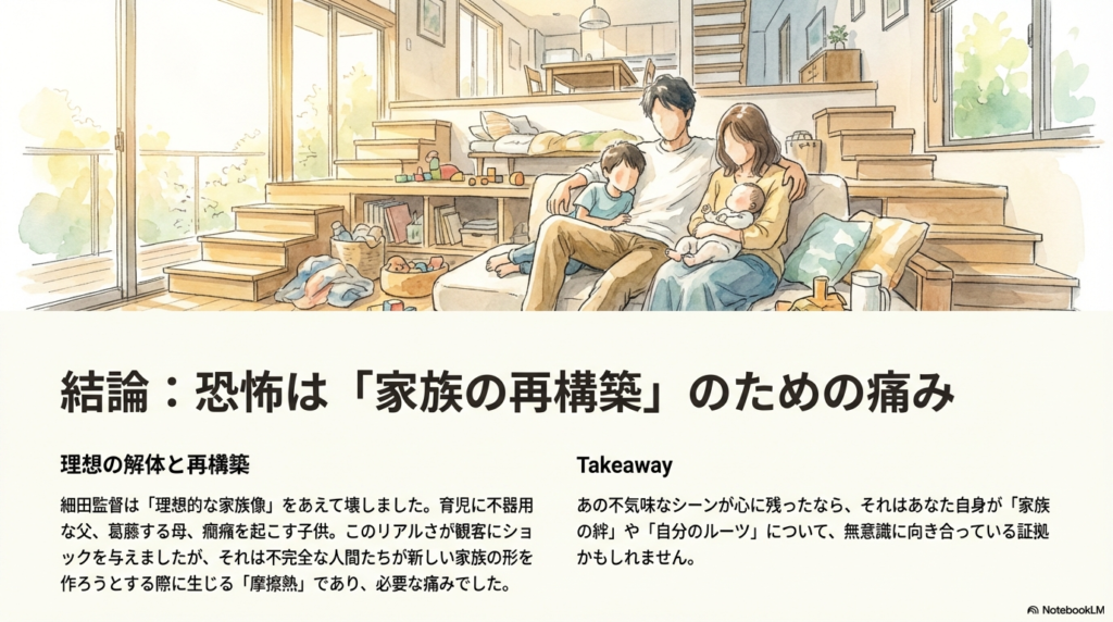 スライド7枚目。不器用な父や葛藤する母といった不完全な人間たちが新しい家族の形を作ろうとする際に生じる「必要な痛み」についての結論 。