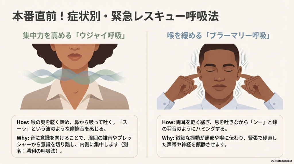 集中力を高めるウジャイ呼吸と、喉の緊張をほぐすブラーマリー呼吸（ハミング呼吸）のやり方と効果をまとめたスライド。