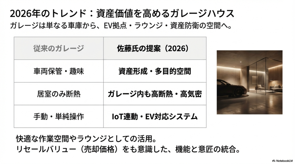 ラウンジのような洗練されたガレージ内に高級車が置かれた写真。従来の車両保管場所から、資産形成や多目的空間へと進化するガレージの定義を解説している。