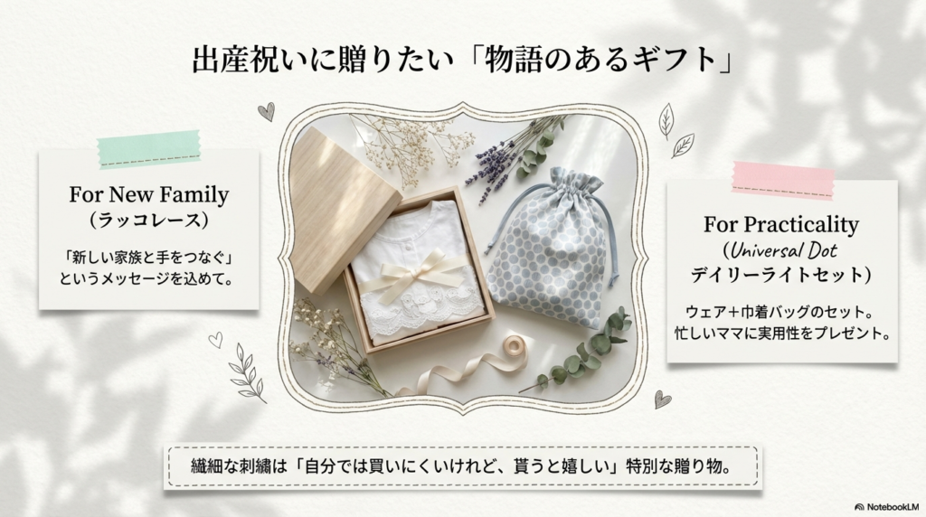 繊細な刺繍のベビーウェアとドット柄の巾着バッグ。出産祝いにおすすめのギフトセットの紹介。