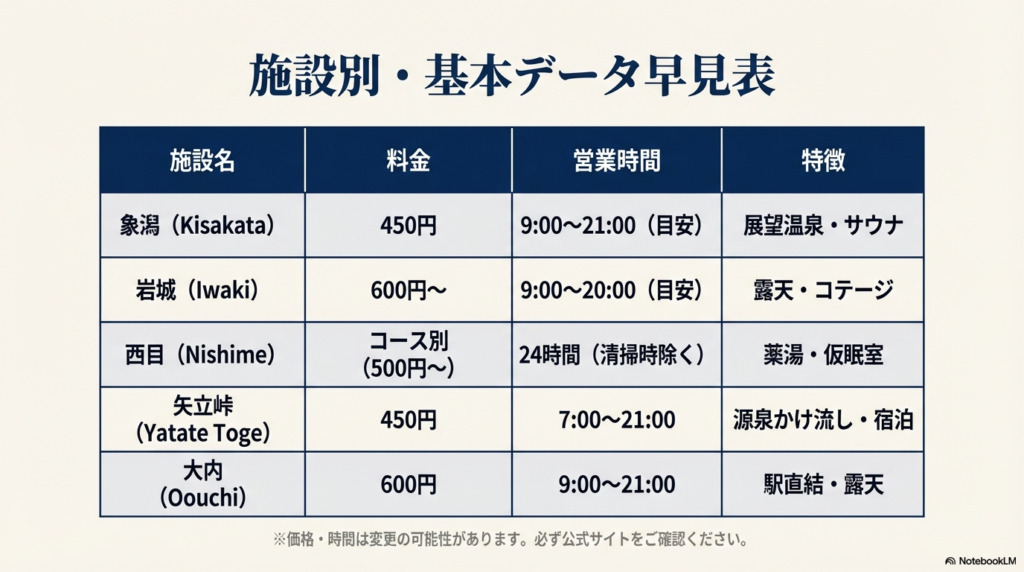 象潟、岩城、西目、矢立峠、大内の料金、営業時間、特徴を一覧にした比較表スライド。