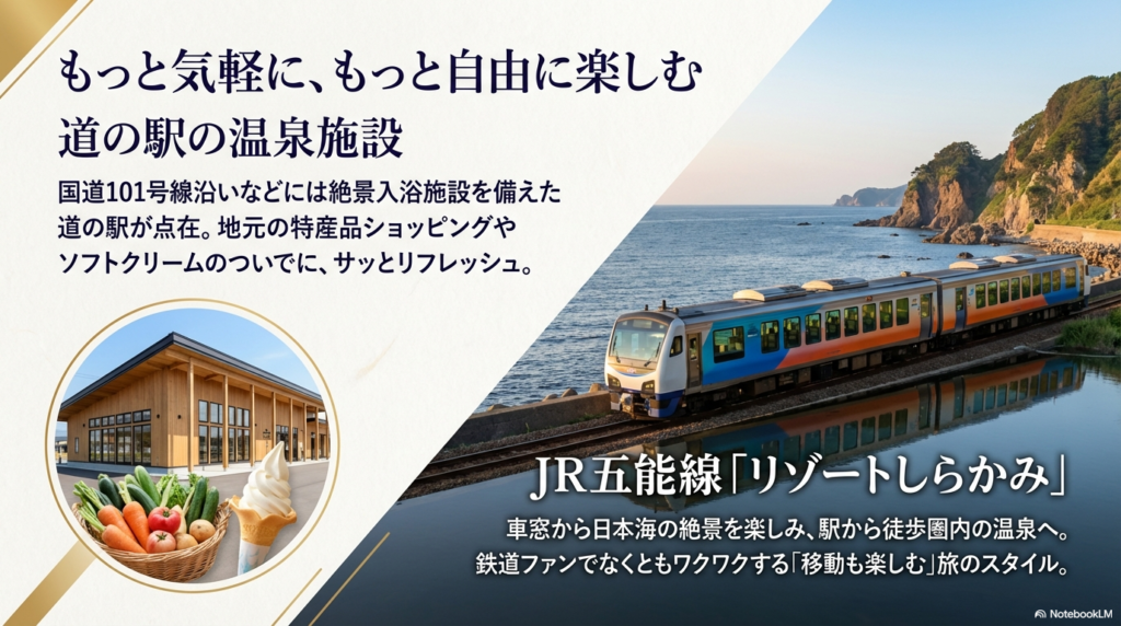 JR五能線の路線図と、駅から徒歩圏内にある海沿い温泉施設をプロットした観光ルート図