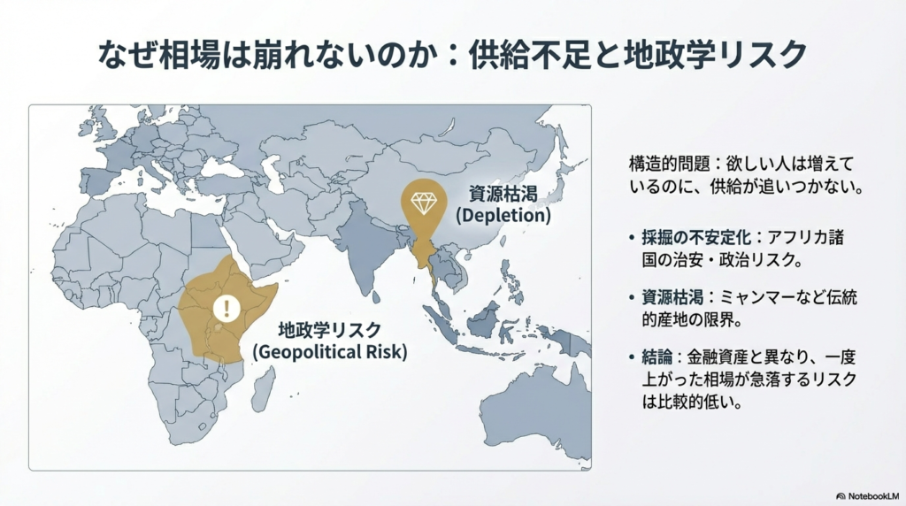 世界地図を用い、伝統的産地の資源枯渇（ミャンマー等）とアフリカ諸国の地政学リスクが供給不足を招いていることを示すスライド。