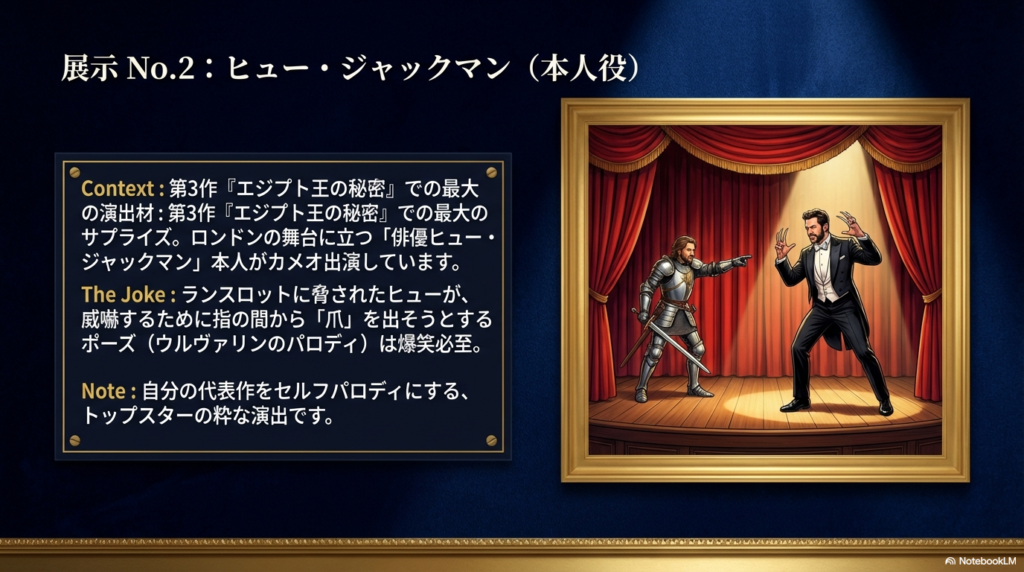 舞台上で騎士ランスロットと対峙するヒュー・ジャックマンのイラスト。指の間から爪を出そうとするウルヴァリンのセルフパロディシーンの解説。