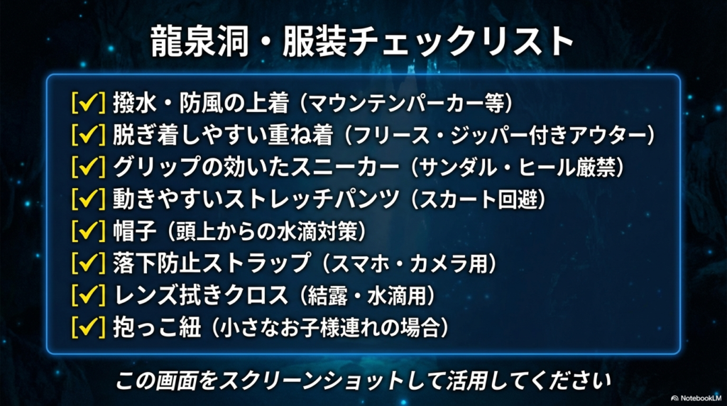 マウンテンパーカー、スニーカー、ストレッチパンツ、帽子、ストラップなど、龍泉洞観光に必要な全装備のチェックリスト。