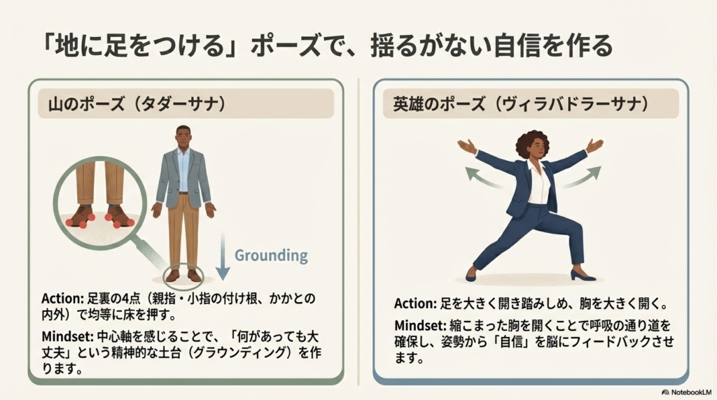 足裏で床を強く押す「山のポーズ」と、胸を大きく開く「英雄のポーズ」のイラスト。精神的な土台を作る方法の解説。