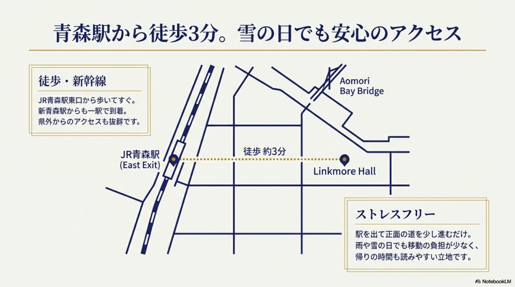 JR青森駅からホールまでのルートを示した地図。雪の日でも安心な最短ルートと周辺の簡略図。