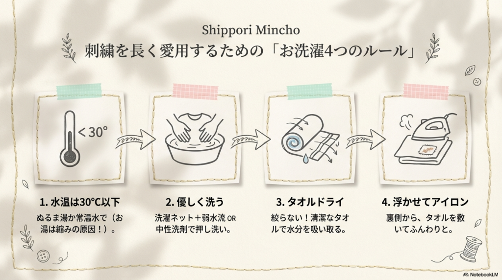 30°C以下の水温、優しく洗う、タオルドライ、浮かせてアイロンという4つのお手入れルール。