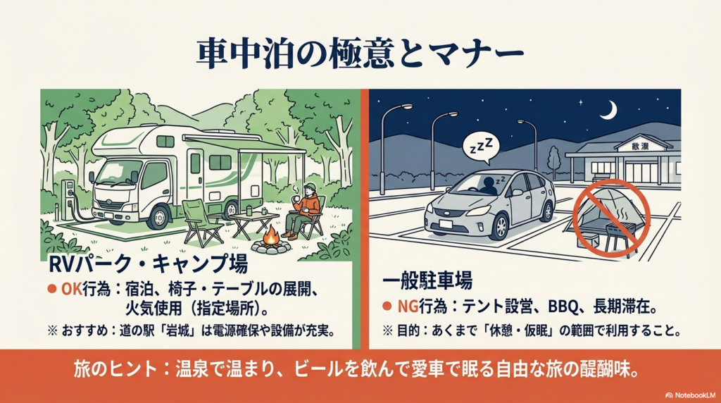 RVパークでの宿泊OK行為と、一般駐車場でのキャンプ行為NG（テント・BBQ等）を対比させたマナー啓発スライド。