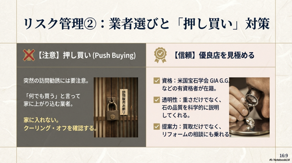 「押し買い」への注意喚起と、優良店を見極めるチェックリスト。GIA G.G.などの資格保持者の在籍、石の品質を科学的に説明する透明性、買取以外の提案力(リフォーム相談)などが重要と記載。