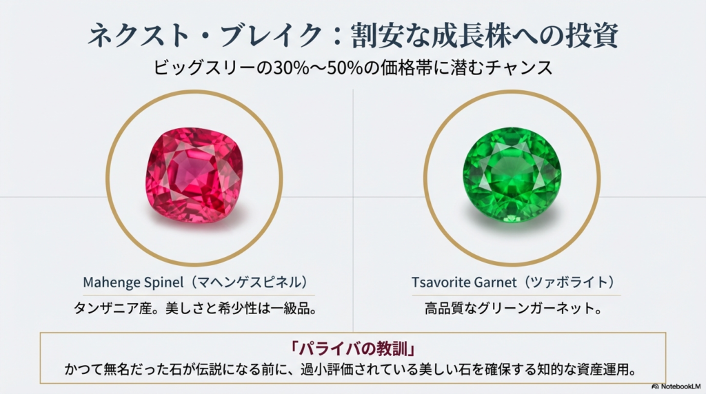 マヘンゲスピネルやツァボライトガーネットなど、ビッグスリーに次ぐ資産価値を持つ注目石の紹介スライド。