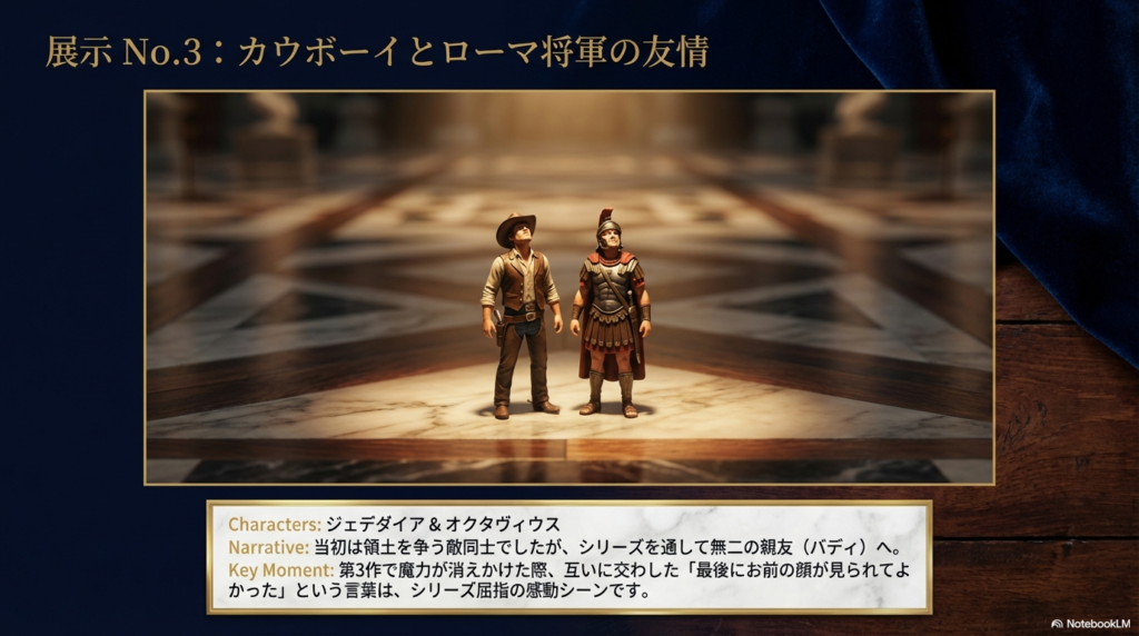 小さなカウボーイのジェデダイアとローマ将軍のオクタヴィウスが並び立つ姿。「最後にお前の顔が見られてよかった」という感動のセリフの紹介。