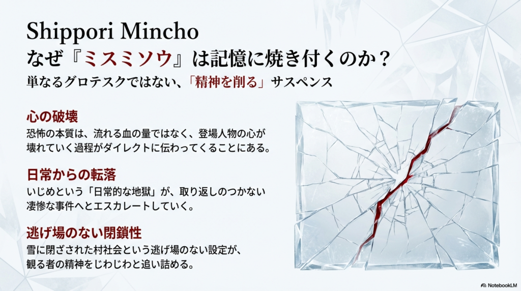 ひび割れたガラスの隙間から赤い血が流れているイメージ画像。いじめが凄惨な事件へエスカレートする過程を説明。