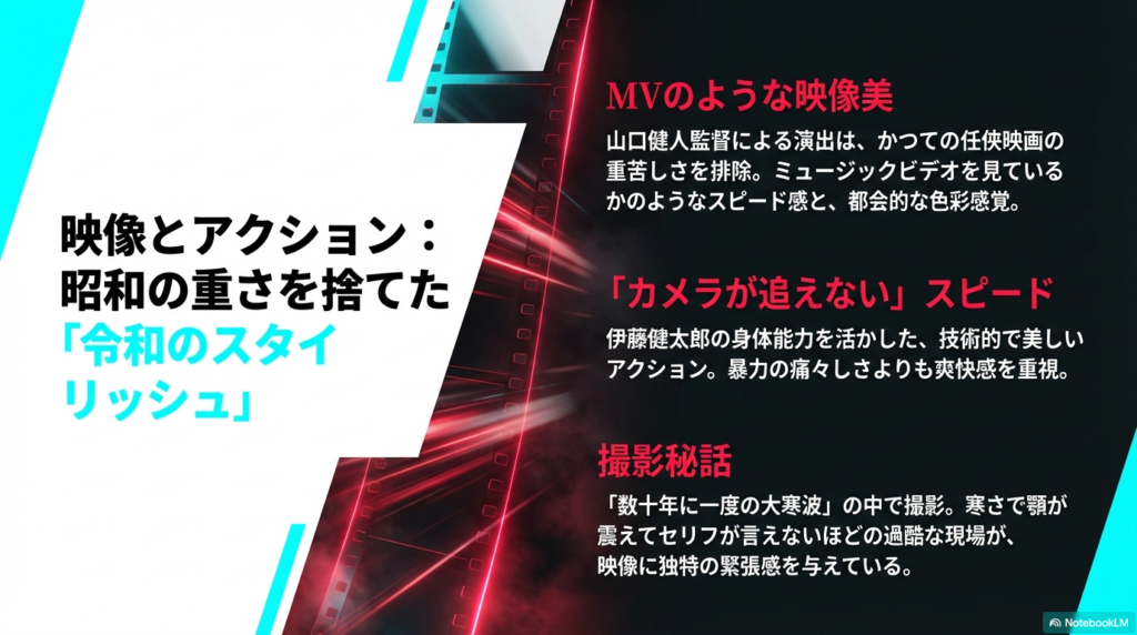 山口健人監督によるMVのような映像演出と、伊藤健太郎の身体能力を活かしたスピード感あふれるアクションの解説。