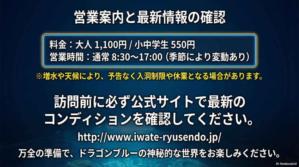 龍泉洞の入館料金（大人1,100円）、営業時間、公式サイトURL、天候による入洞制限の可能性を記載したインフォメーションスライド。