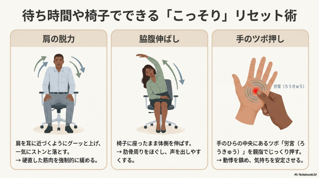 肩の脱力、脇腹伸ばし、手のツボ「労宮（ろうきゅう）」押しを、椅子に座ったまま行う方法を図解したスライド。