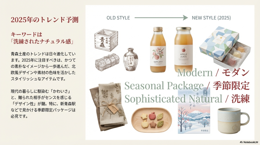 2025年のトレンドとして「洗練されたナチュラル感」を挙げ、北欧風デザインやスタイリッシュなアイテム、季節限定パッケージへの注目を説明するスライド。