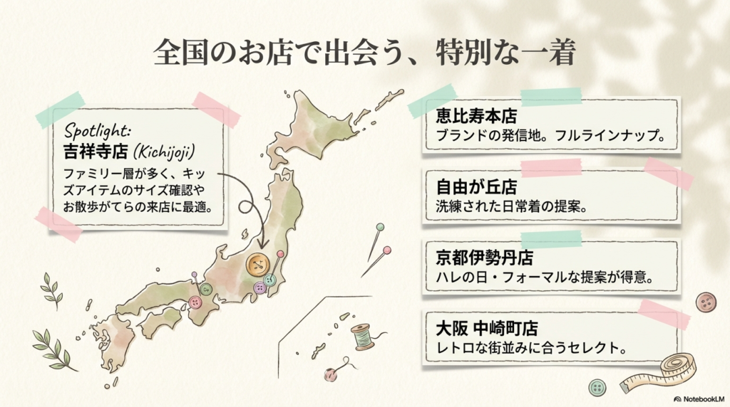 吉祥寺店をスポットライトし、恵比寿、自由が丘、京都、大阪の各店舗の特徴をまとめたスライド。