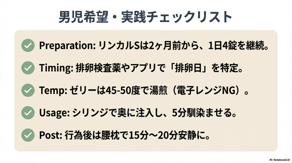 準備(リンカル)、タイミング(排卵日)、温度(湯煎)、使用方法(シリンジ)、行為後(腰枕)の5つの重要ポイントをまとめたリスト。