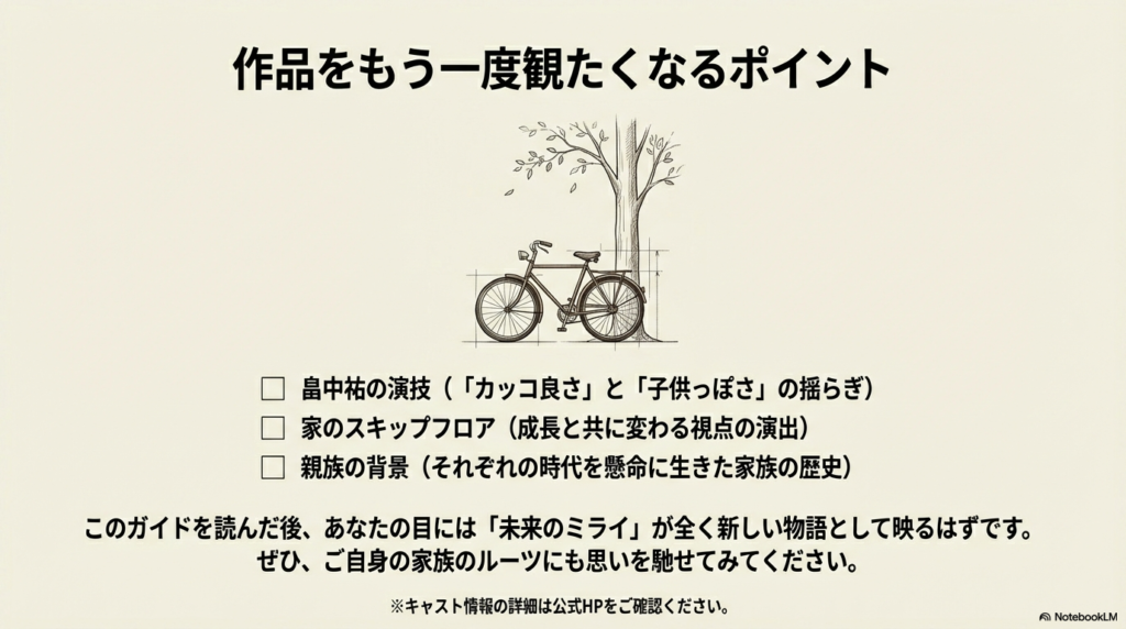 畠中祐さんの演技、スキップフロアの演出、親族の背景など、ガイドを読んだ後に注目すべきポイントをチェックリスト形式でまとめた最終スライド 。