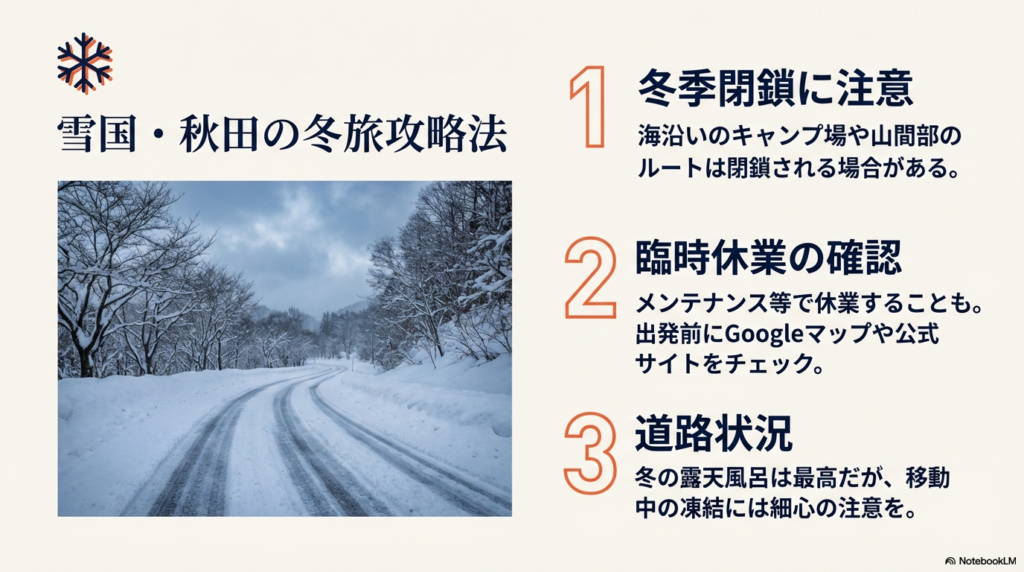 冬季閉鎖、臨時休業の確認、凍結した道路状況への注意を促す雪景色の道路写真付きスライド。