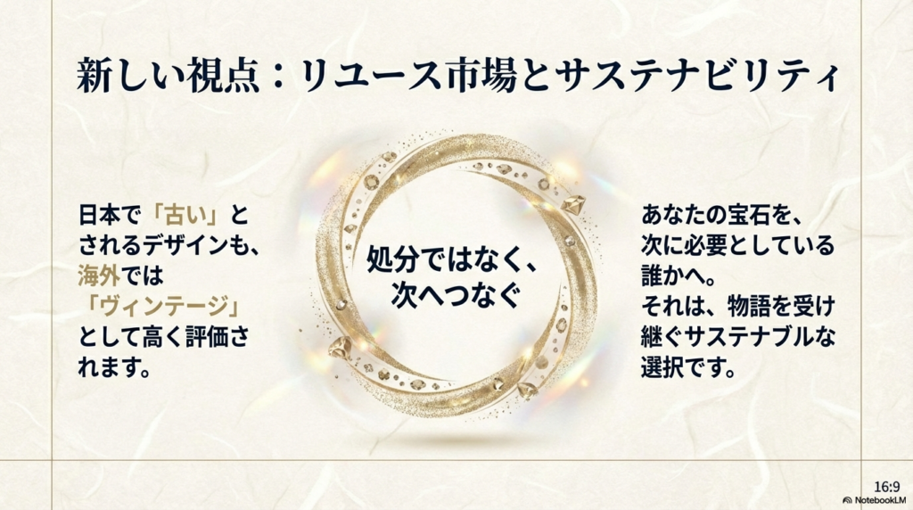 日本では「古い」とされるデザインが海外では「ヴィンテージ」として評価されることを示し、宝石を次に必要としている人へ繋ぐサステナブルな選択を提案するイメージ。