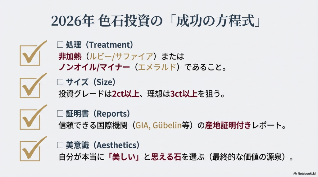 処理、サイズ、証明書、美意識という、投資を成功させるための4つの条件をまとめたチェックリストのスライド。