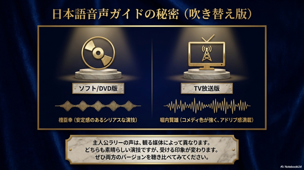 主人公ラリーの吹き替えを担当した檀臣幸（ソフト版）と堀内賢雄（TV放送版）の演技のスタイルの違いを比較した表。