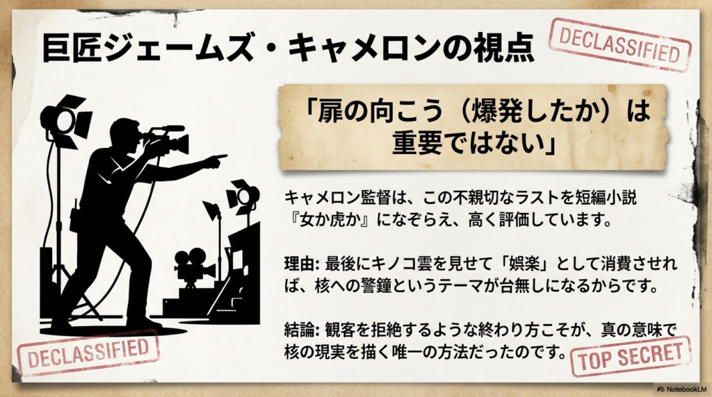 撮影カメラを構える監督のシルエット。短編小説『女か虎か』になぞらえ、安易なキノコ雲を見せない結末を「核の現実を描く唯一の方法」と評価する内容 。
